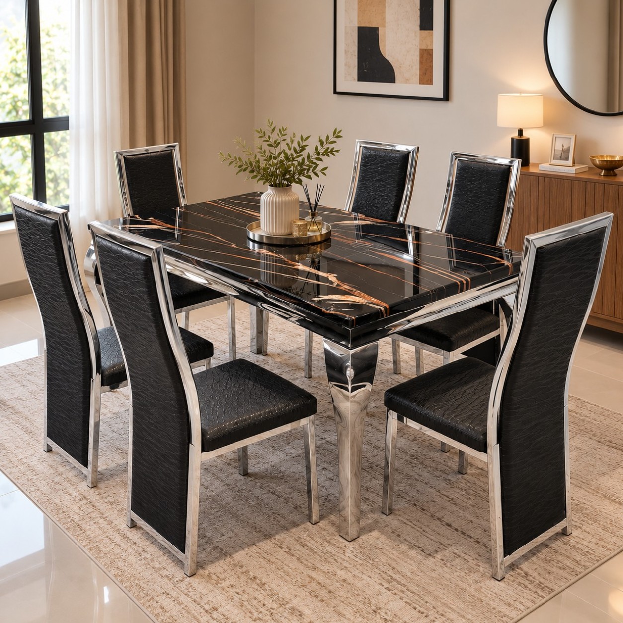 Roma Silver 6 Seater Marble Dining Set