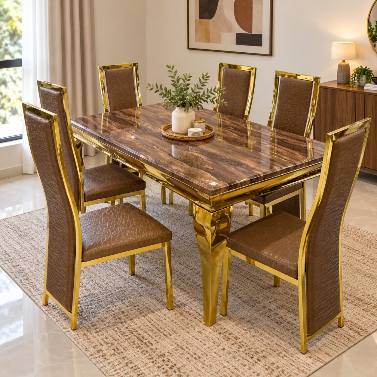Roma Gold 6 Seater Marble Dining Set