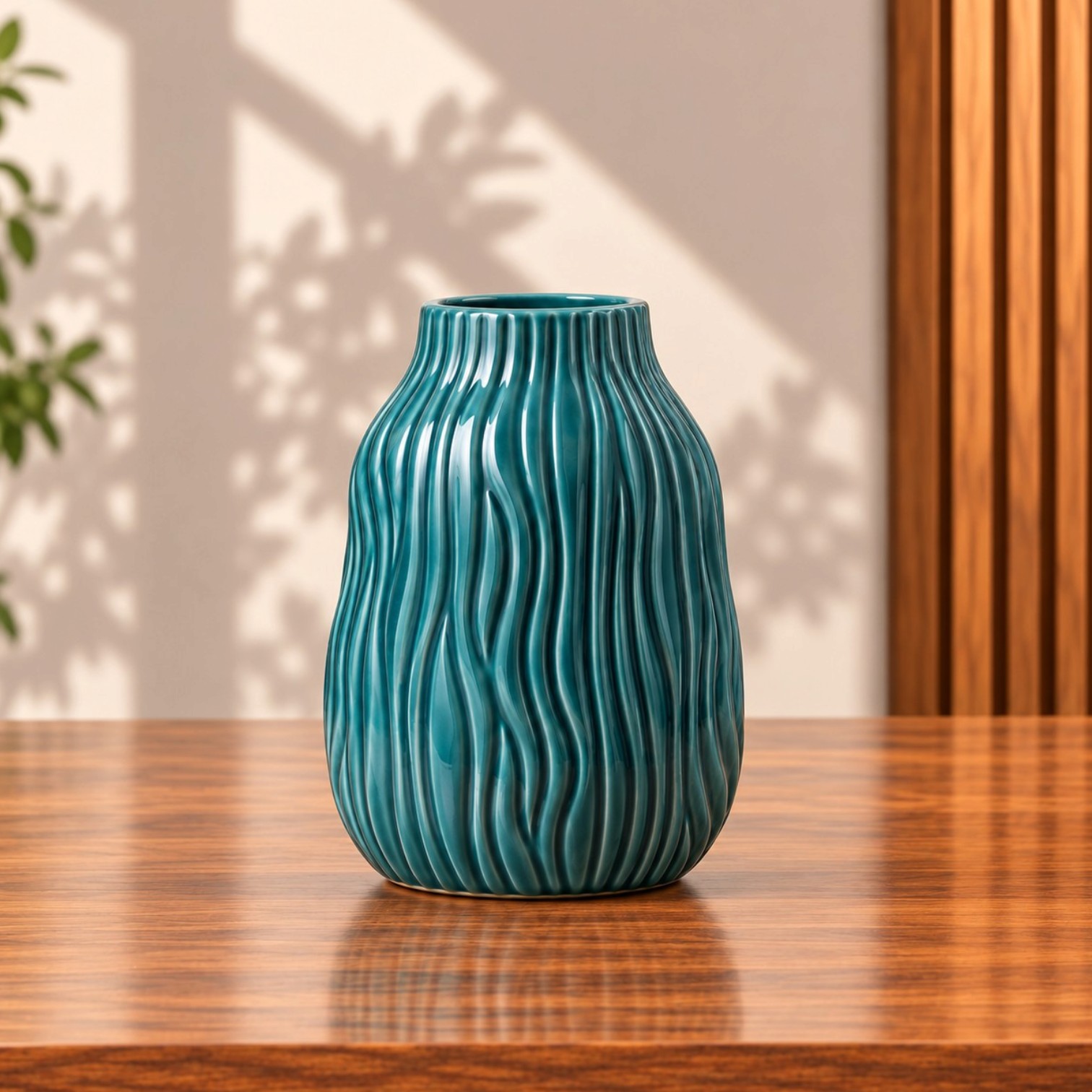Teal Wave Ceramic Vase